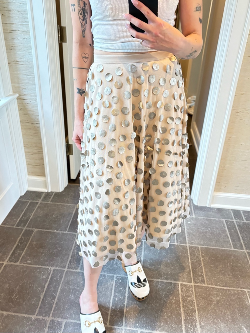 Eva Franco Beige Midi Skirt with Silver Dot Detail